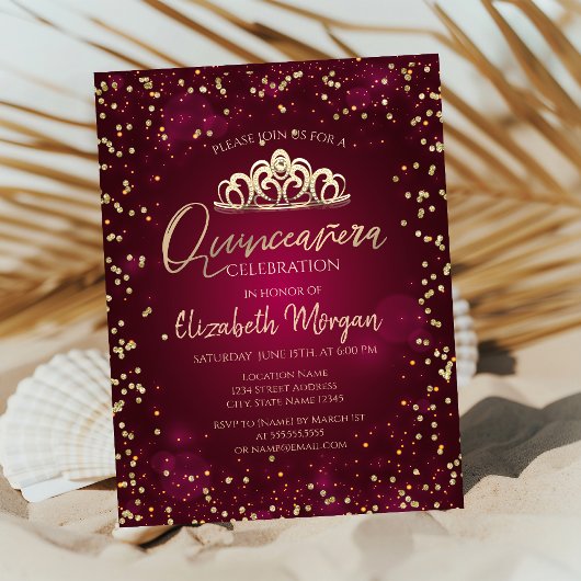 Invitation Tiara d'or élégant, Diamonds Bourgogne Quinceañera