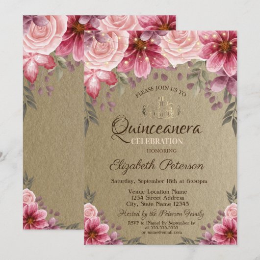 Invitation Tiara d'or, Fleurs à cordes Kraft Quinceañera (Devant / Derrière)