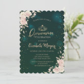 Invitation Tiara d'or, Fleurs de Boho Quinceañera verte (Debout devant)
