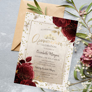 Invitation Tiara doré, Fleurs bordeaux Diamants Quinceañera