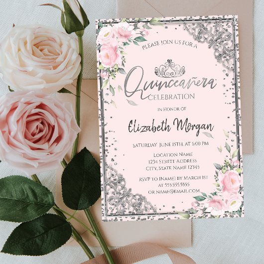 Invitation Tiara en argent chic, Fleurs roses diamants Quince