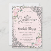 Invitation Tiara en argent chic, Fleurs roses diamants Quince (Devant)
