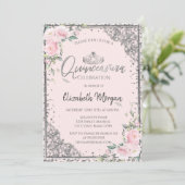 Invitation Tiara en argent chic, Fleurs roses diamants Quince (Debout devant)