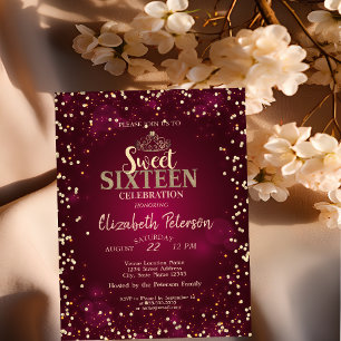 Invitation Tiara en or chic, Diamants sur fond bordeaux pour