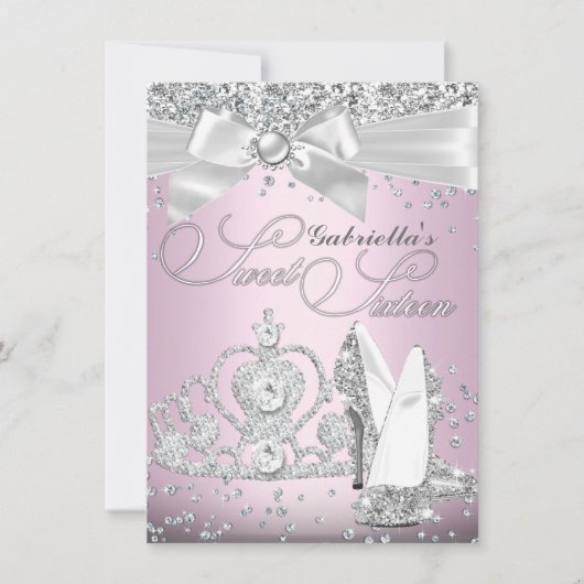 Invitation Tiara et talons Sweet sixteen rose (Devant)
