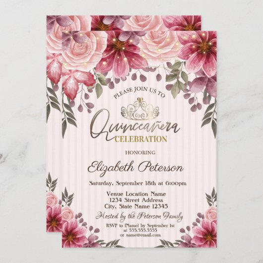 Invitation Tiara, Fleurs à cordes rayées Quinceañera (Devant / Derrière)