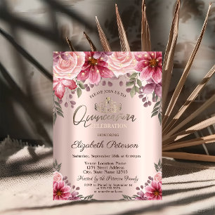Invitation Tiara, Fleurs à cordes Rose or Quinceañera