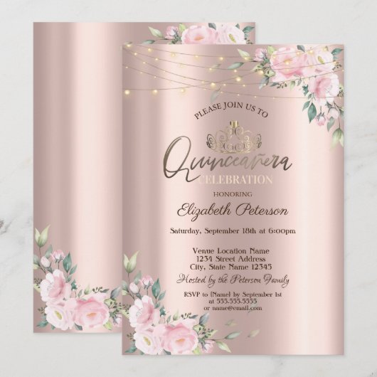 Invitation Tiara, Fleurs de cordes Roses Quinceañera (Devant / Derrière)