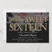 Invitation Tiara Floral Black and Gold Sweet 16 (Devant)