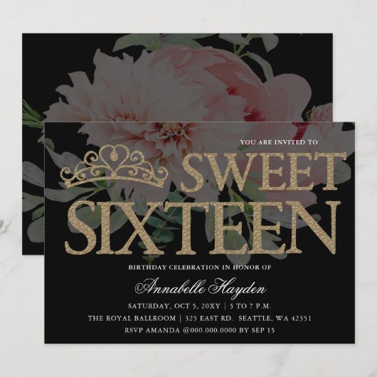 Invitation Tiara Floral Black and Gold Sweet 16 (Devant / Derrière)