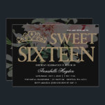 Invitation Tiara Floral Black and Gold Sweet 16<br><div class="desc">Elégant noir et or Tiara Floral Sweet 16 Invitation</div>