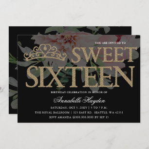 Invitation Tiara Floral Black and Gold Sweet 16