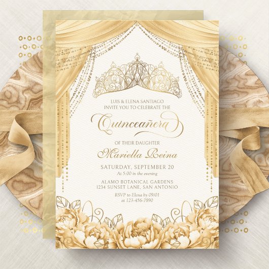 Invitation Tiara Floral Or Jaune Moderne Quinceanera