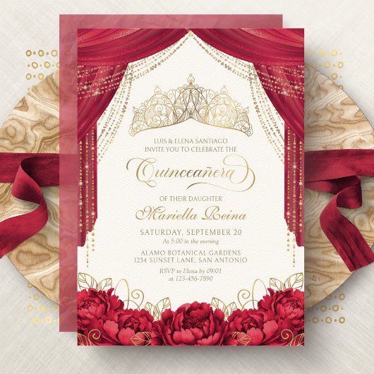 Invitation Tiara Floral Rouge Moderne Quinceanera