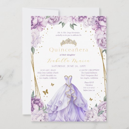 Invitation Tiara Floral Violet & Robe Quinceañera (Devant)