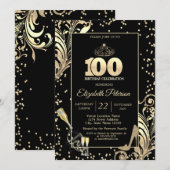 Invitation Tiara Glitter Heels Diamonds Swirls 100th Birthday (Devant / Derrière)