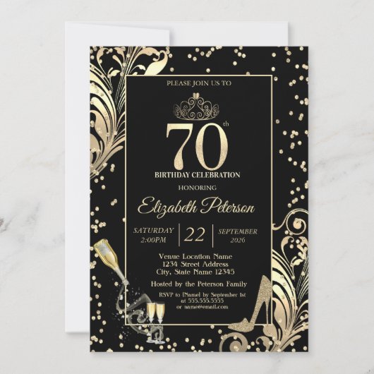 Invitation Tiara Glitter Heels Diamonds Swirls 70th Birthday (Devant)