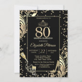 Invitation Tiara Glitter Heels Diamonds Swirls 80th Birthday (Devant)