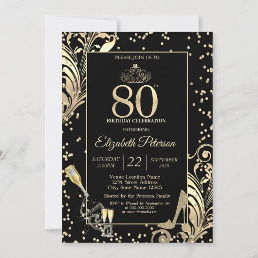Invitation Tiara Glitter Heels Diamonds Swirls 80th Birthday (Devant)