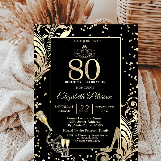Invitation Tiara Glitter Heels Diamonds Swirls 80th Birthday