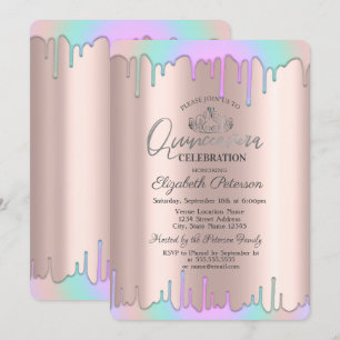 Invitation Tiara, gouttes de arc-en-ciel Rose Gold Quinceañer