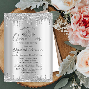 Invitation Tiara, gouttes de paillettes argentées Quinceañera