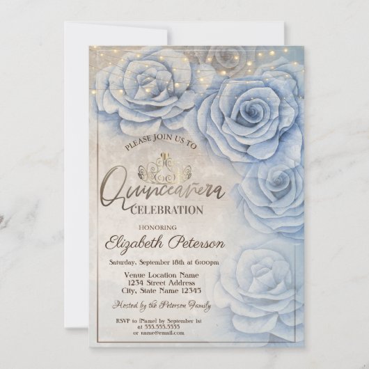 Invitation Tiara, Lumière à cordes Roses bleus Quinceañera (Devant)