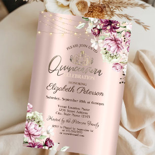 Invitation Tiara, Lumières à cordes Fleurs roses Quinceañera
