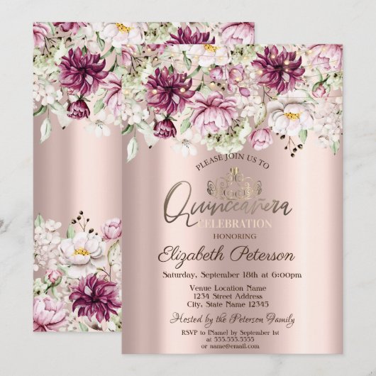 Invitation Tiara, Lumières à cordes, Fleurs roses Quinceañera (Devant / Derrière)