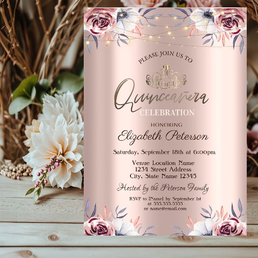 Invitation Tiara, Lumières à cordes Rose Floral Or Quinceañer