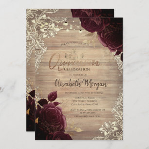 Invitation Tiara, Lumières, Bois Bourgogne Roses dentelle Qui
