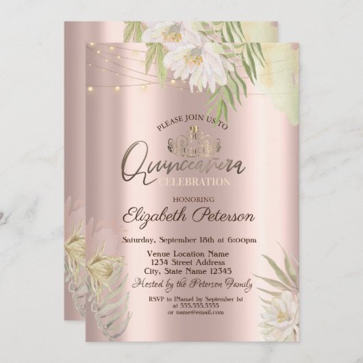 Invitation Tiara, Luminaires à cordes Fleurs Boho Quinceañera (Devant / Derrière)