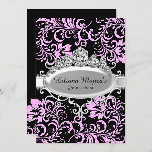 Invitation Tiara noir rose & Parties scintillant Quinceanera  (Devant / Derrière)