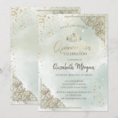 Invitation Tiara or, Diamants Aquarelle Vert Quinceañera (Devant / Derrière)