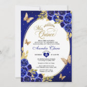 Invitation Tiara papillon bleu floral or pour mes Quinceañera (Devant)