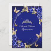 Invitation Tiara papillon bleu floral or pour mes Quinceañera (Dos)