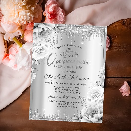 Invitation Tiara, Parties scintillant d'argent gouttes Fleurs