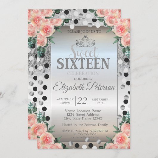 Invitation Tiara, Parties scintillant en argent Roses Dots Sw (Devant / Derrière)