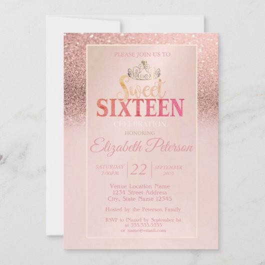 Invitation Tiara, Parties scintillant or Rose Bokeh Ombre Swe (Devant)