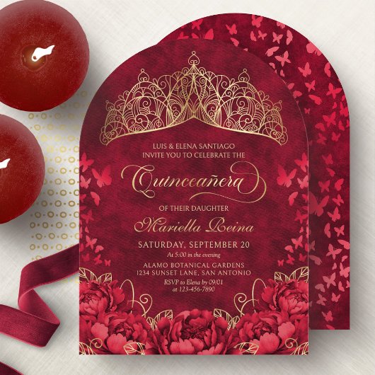 Invitation Tiara Princess Red Gold Elegant Quinceanera
