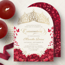 Tiara Princess Red Gold Elegant Quinceanera
