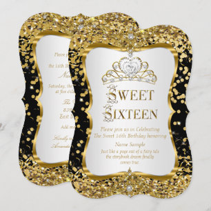 Invitation Tiara Princesse Sweet 16 Or Noir Blanc