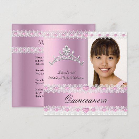 Invitation Tiara Quinceanera blanche rose 15 Anniversaire (Devant / Derrière)