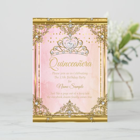 Invitation Tiara Quinceanera en or rose blanc Pear (Debout devant)