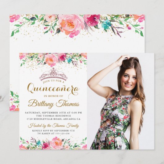 Invitation Tiara Quinceanera rose florale 15e anniversaire Ph (Devant / Derrière)