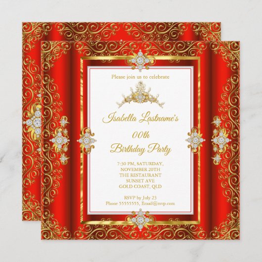 Invitation Tiara Red Damask Gold White Anniversaire Party (Devant / Derrière)