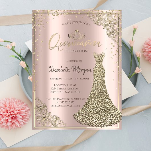 Invitation Tiara, Robe de Diamants, Rose Gold Quinceañera