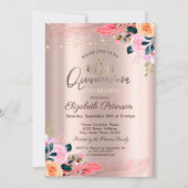 Invitation Tiara, Rose de plumes de fleurs or Quinceañera (Devant)