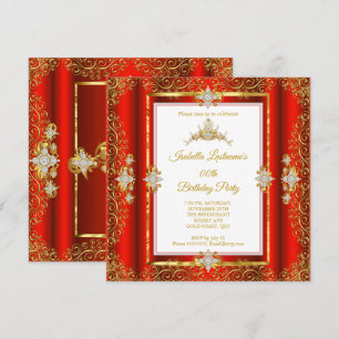 Invitation Tiara Rouge Damassé Or Blanc Fête d'anniversaire