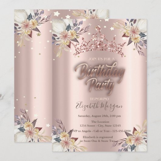 Invitation Tiara Stars Fleurs Rose Gold Anniversaire (Devant / Derrière)